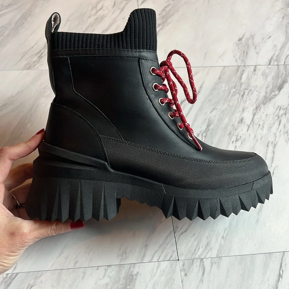 Nurture Whitney chunky boot waterproof red laces black heel shoe booties